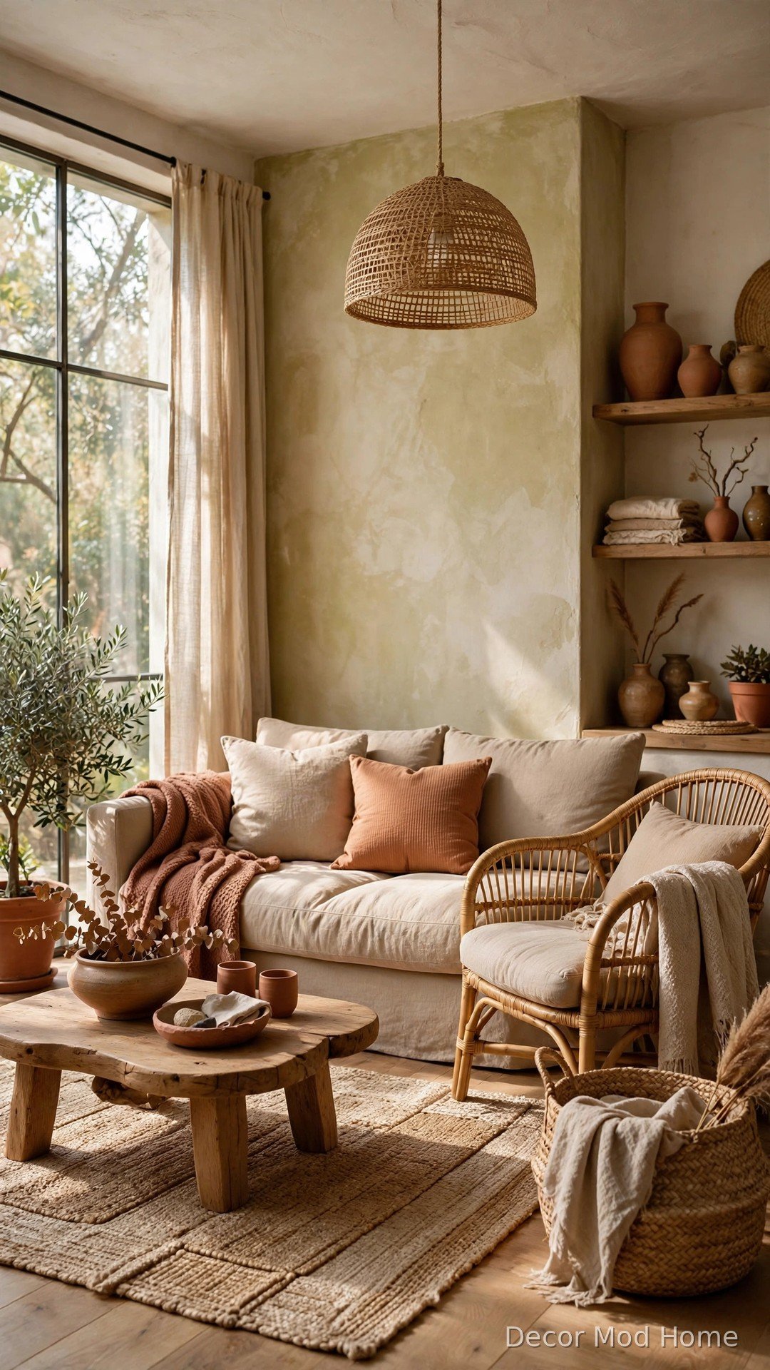 Beige sofa with rattan armchair, woven pendant light, seagrass basket and jute rug