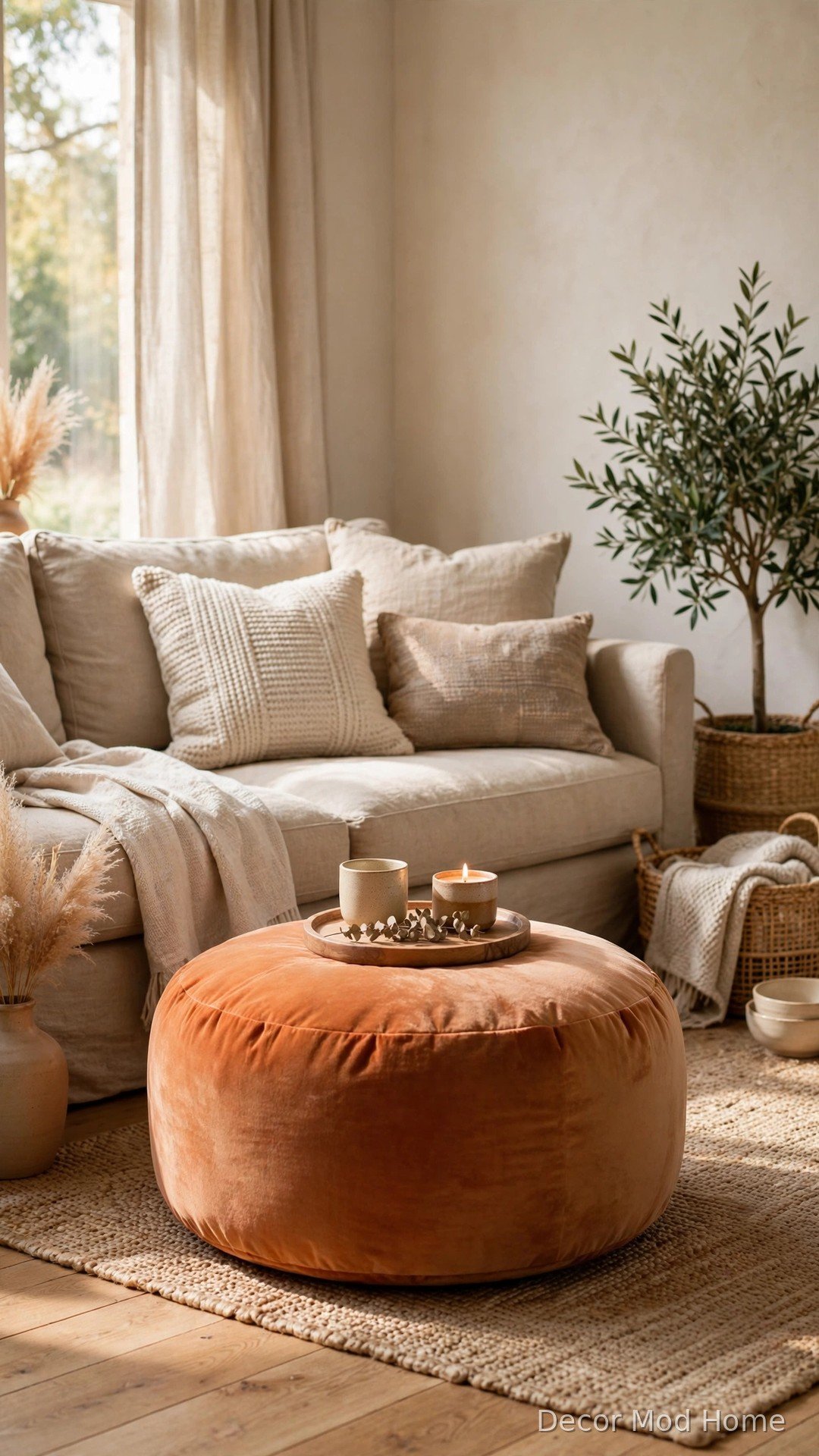 Round persimmon-orange velvet pouf with wooden tray in front of a beige sofa