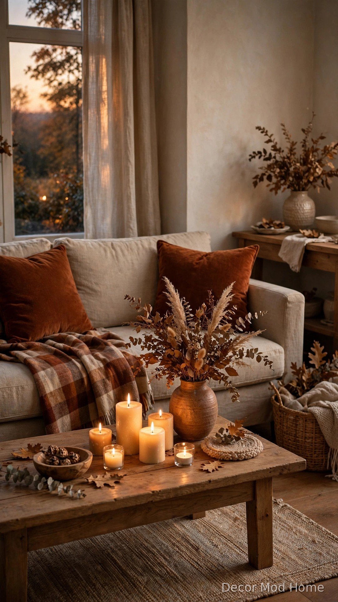 Autumn-styled living room with rust cushions, plaid throw and candlelight around a beige sofa