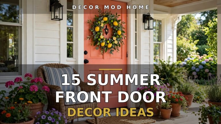 Summer front porch with coral door, citrus wreath, flowers and text overlay
