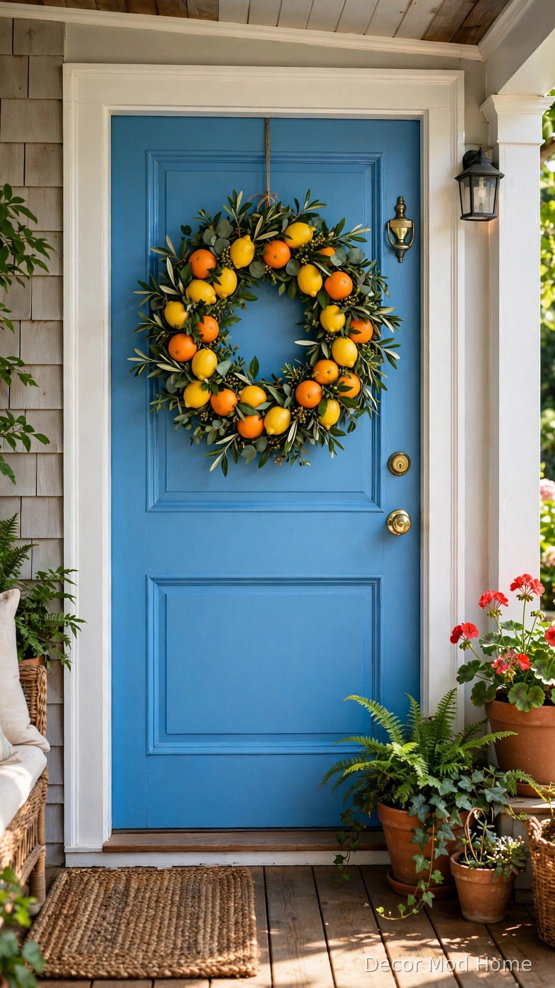 Citrus wreath with lemons and oranges hanging on a bright blue front door