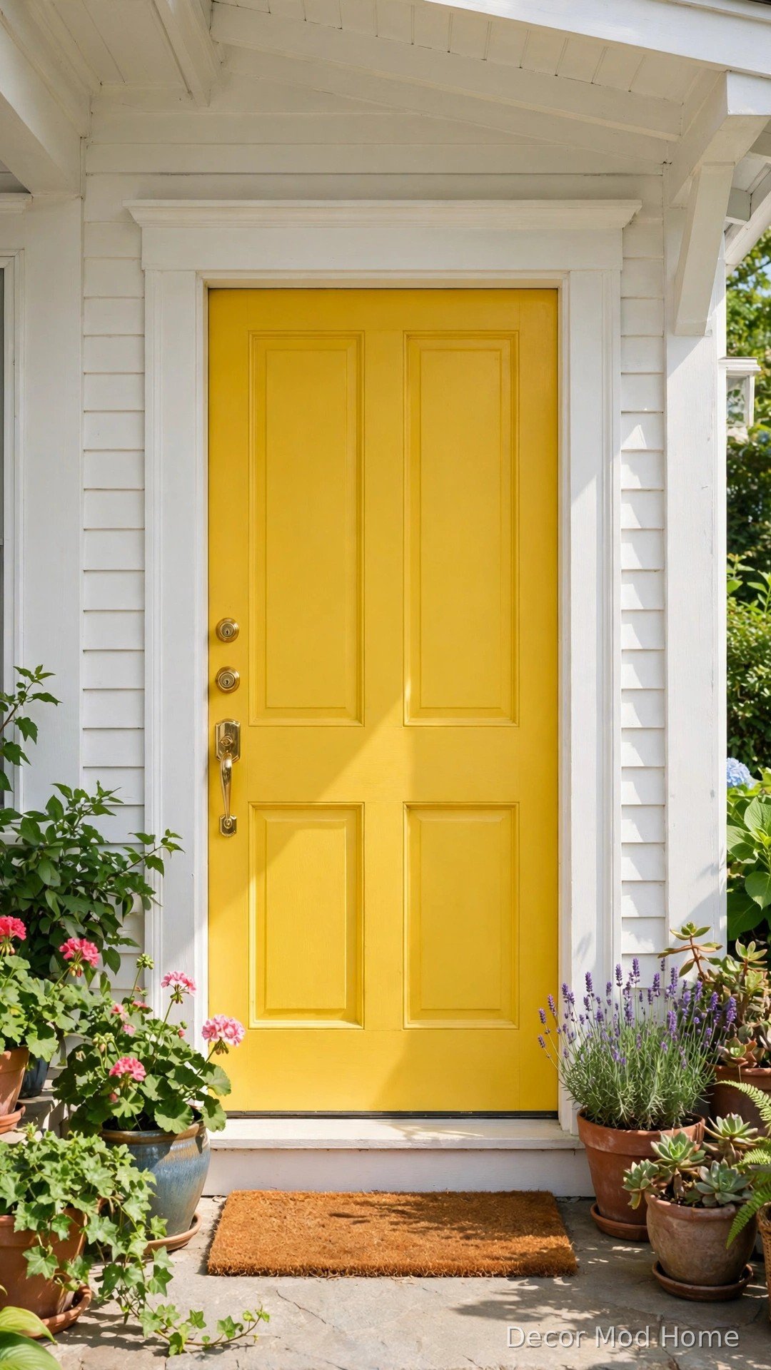 Front door painted sunny yellow with white trim and potted plants nearby