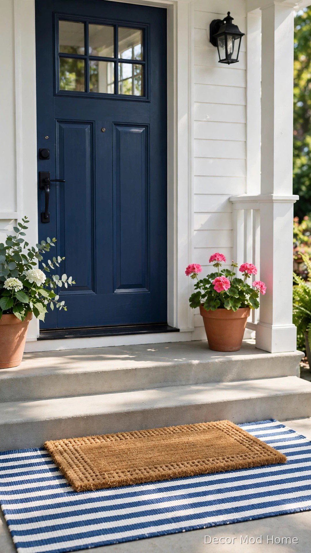 Striped blue-and-white outdoor rug layered under a natural coir doormat
