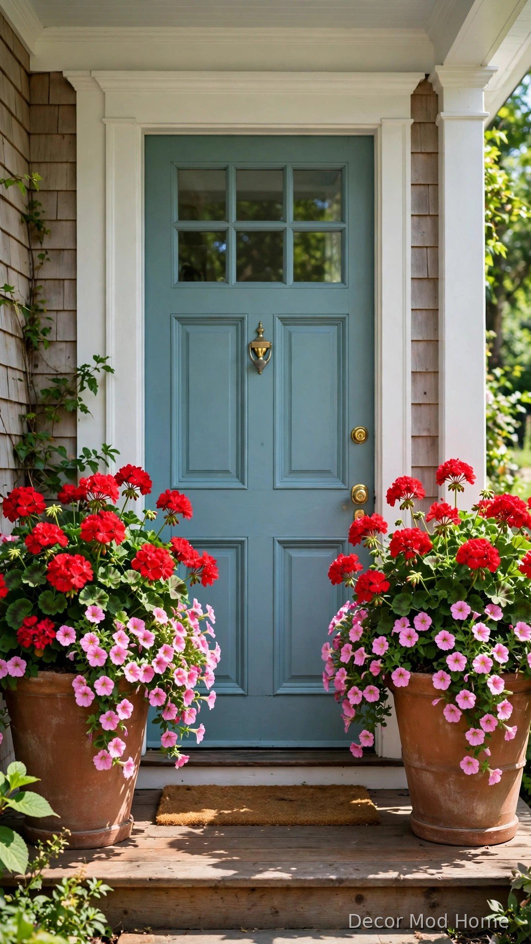 Two terracotta planters with red geraniums and pink petunias by a front door