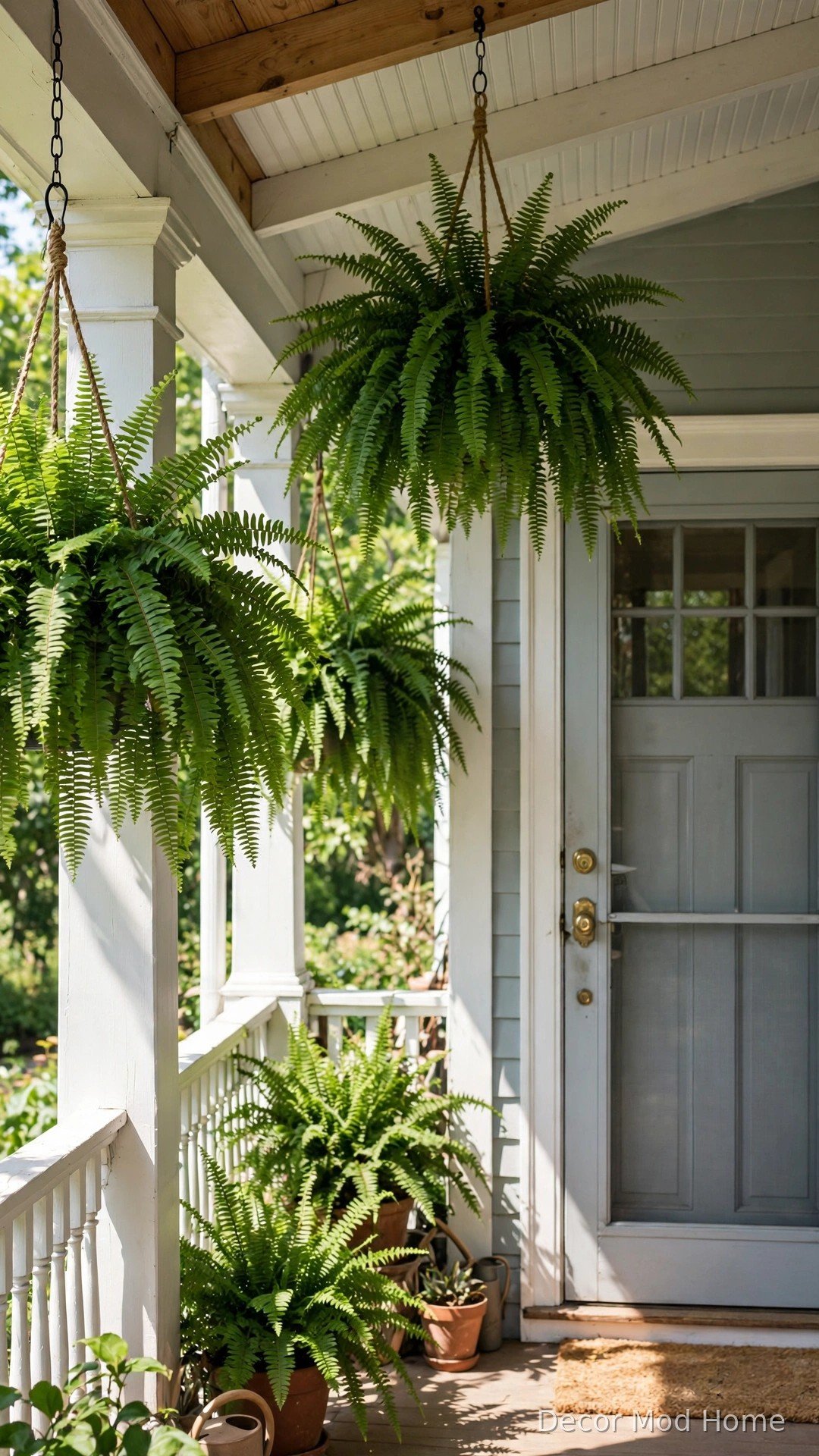 Lush hanging baskets of Boston ferns on a summer front porch