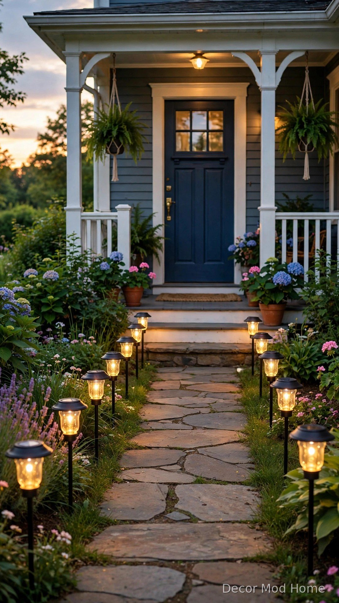Glowing solar lanterns lining a front porch walkway at dusk