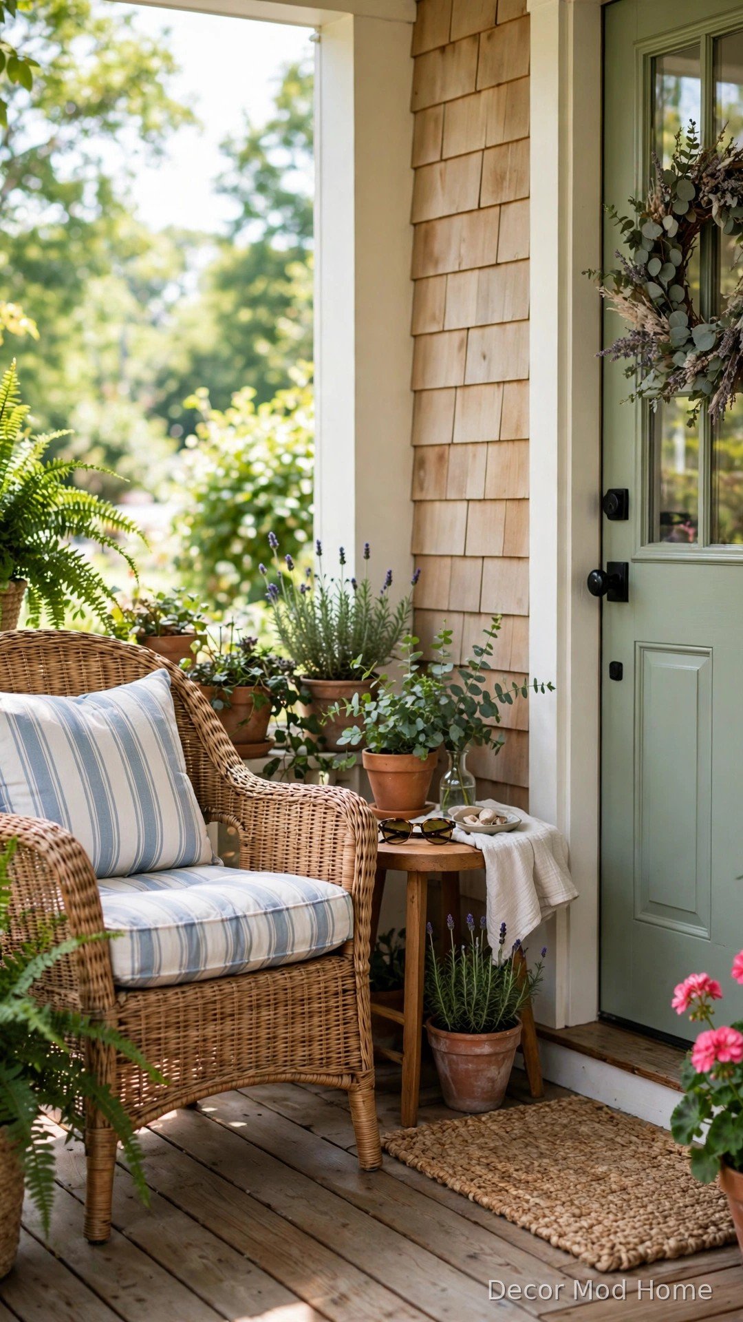 Wicker armchair with striped cushion in a cosy summer porch nook