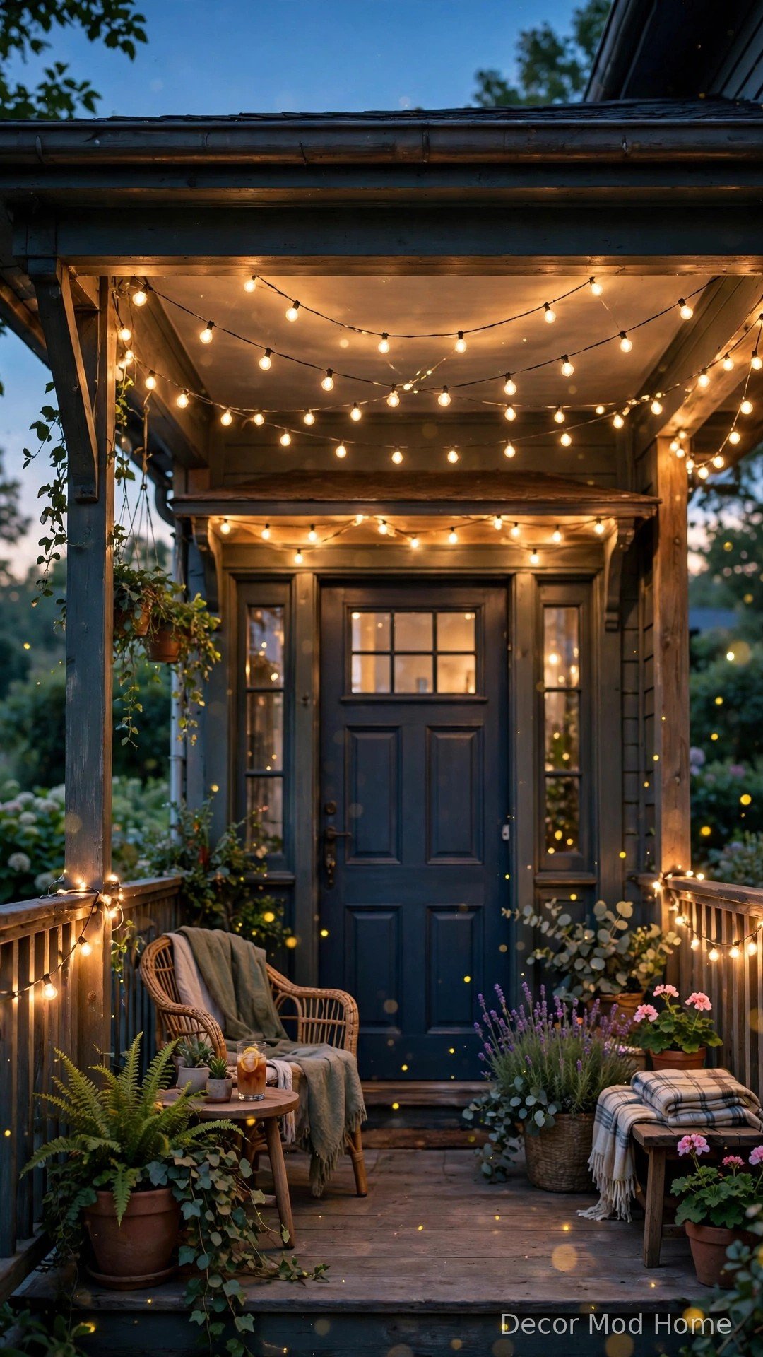 Warm white string lights glowing over a front porch at dusk