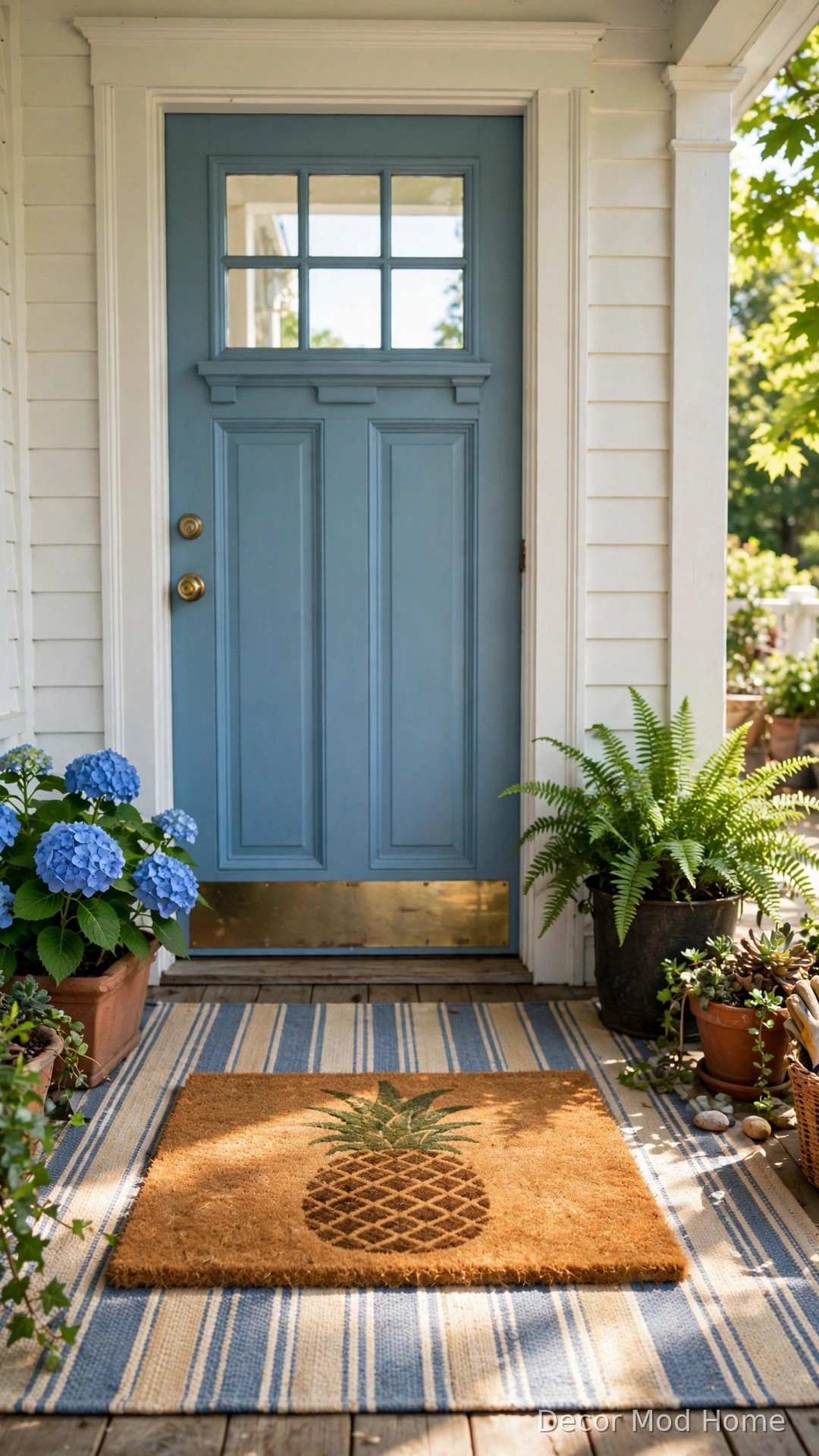 Pineapple-design seasonal coir doormat on a striped outdoor rug