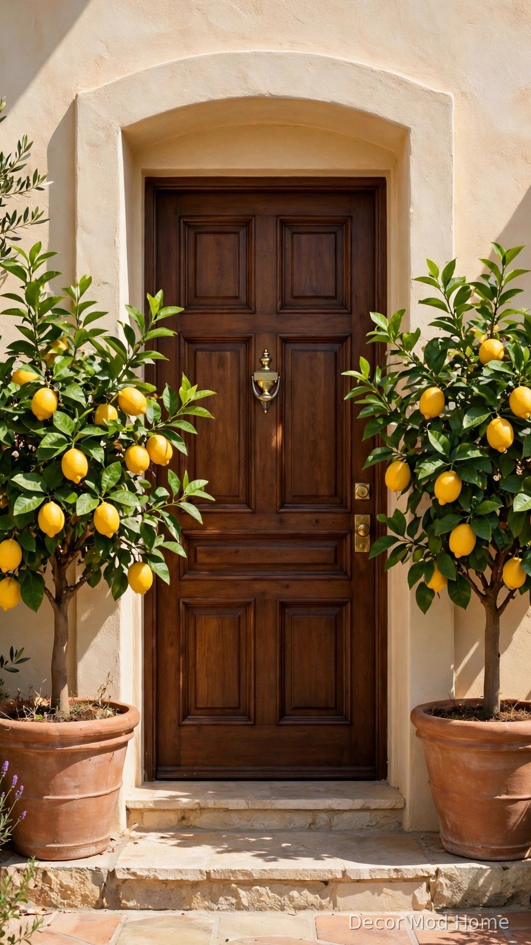 Two potted lemon trees with ripe fruit in terracotta pots by a front door