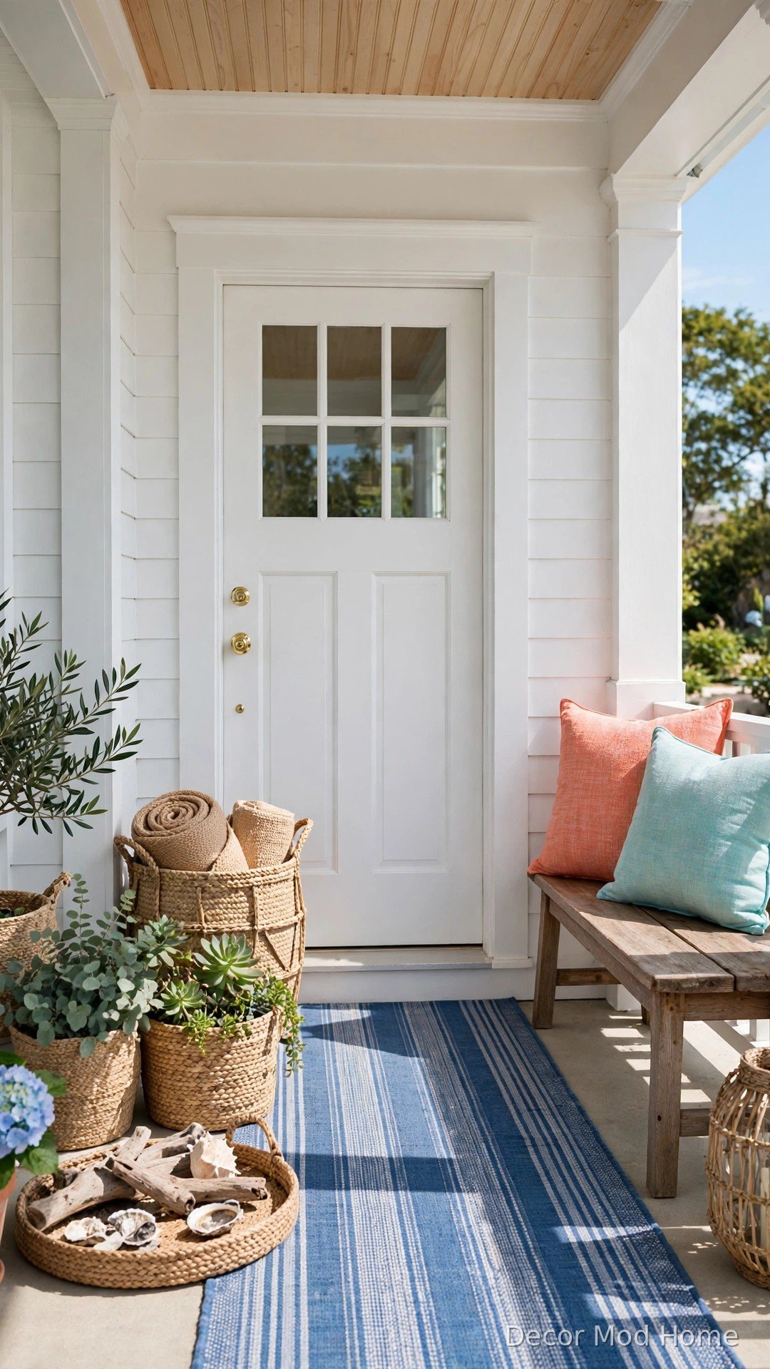 Coastal-styled porch with white door, striped runner, coral and aqua cushions