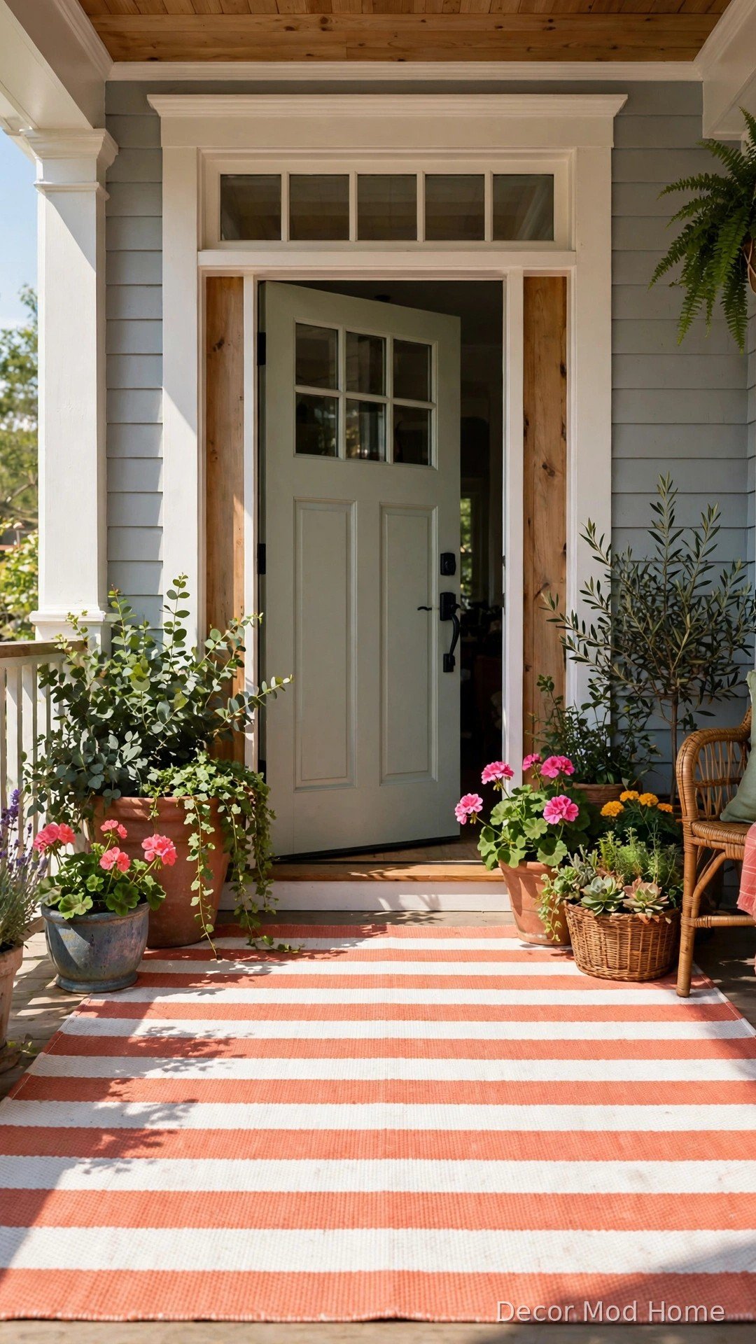 Large coral-and-white striped outdoor rug in front of a summer front door