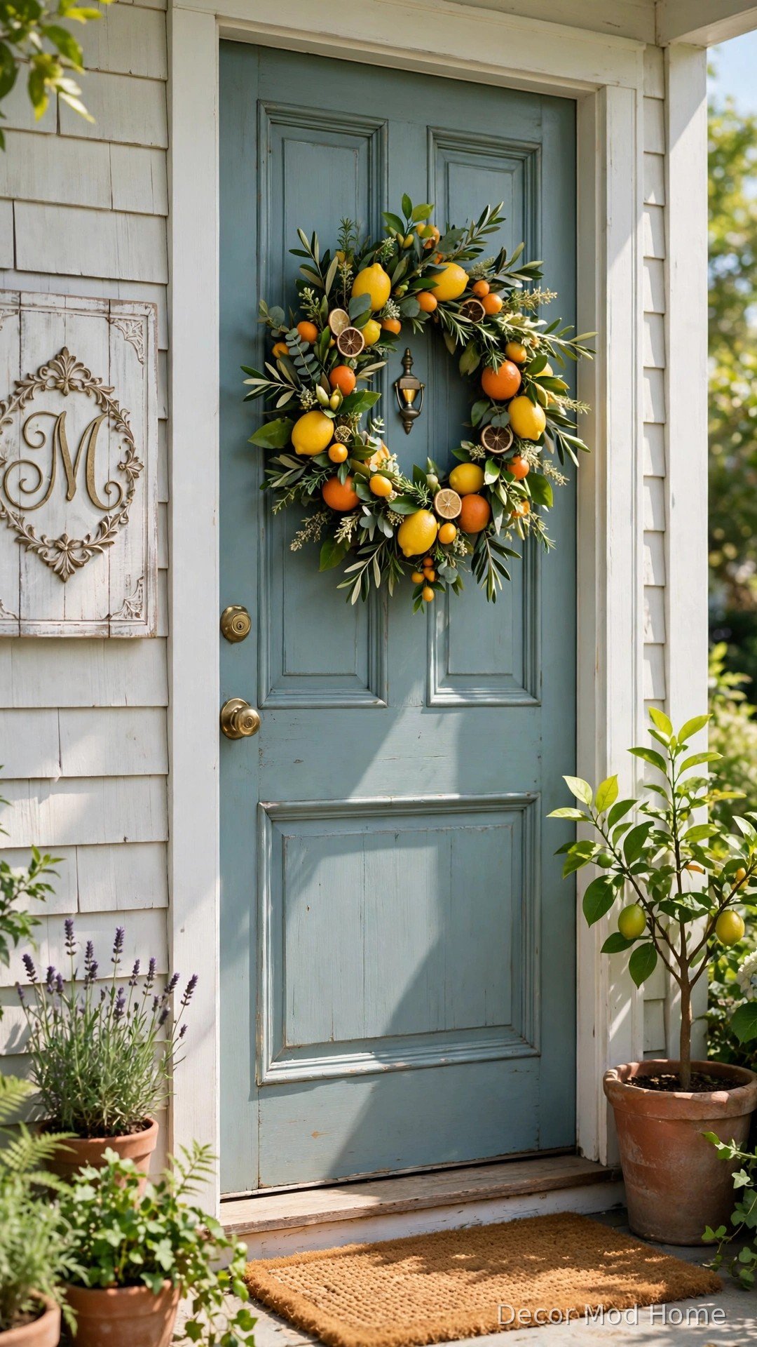 Whitewashed wood door plaque with family initial beside a front door