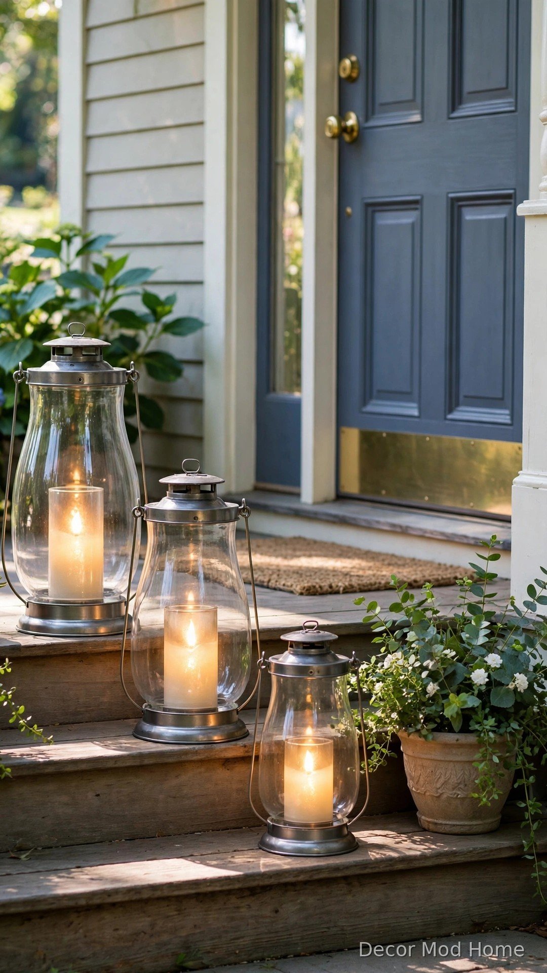 Glass hurricane lanterns with glowing battery candles on porch steps